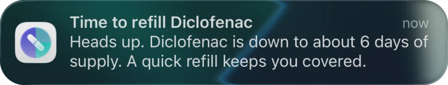 A low stock notification warning that a medication is running out in three days.
