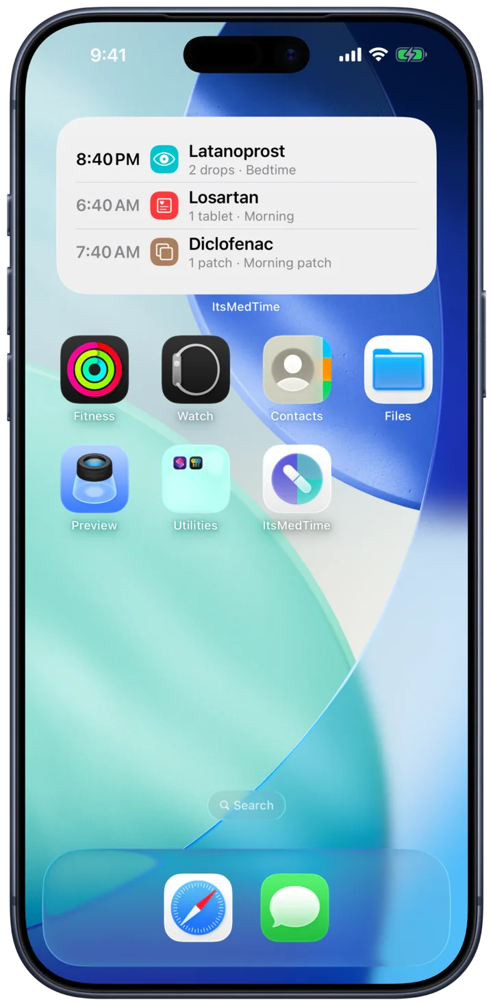 An ItsMedTime widget on the iPhone Home Screen showing the next dose with a button to log it.